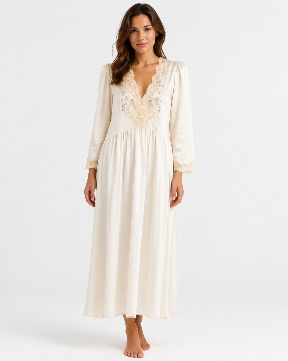 Vintage 1980s Sara Beth White Satin Lace Nightgown Floral Embroidery L